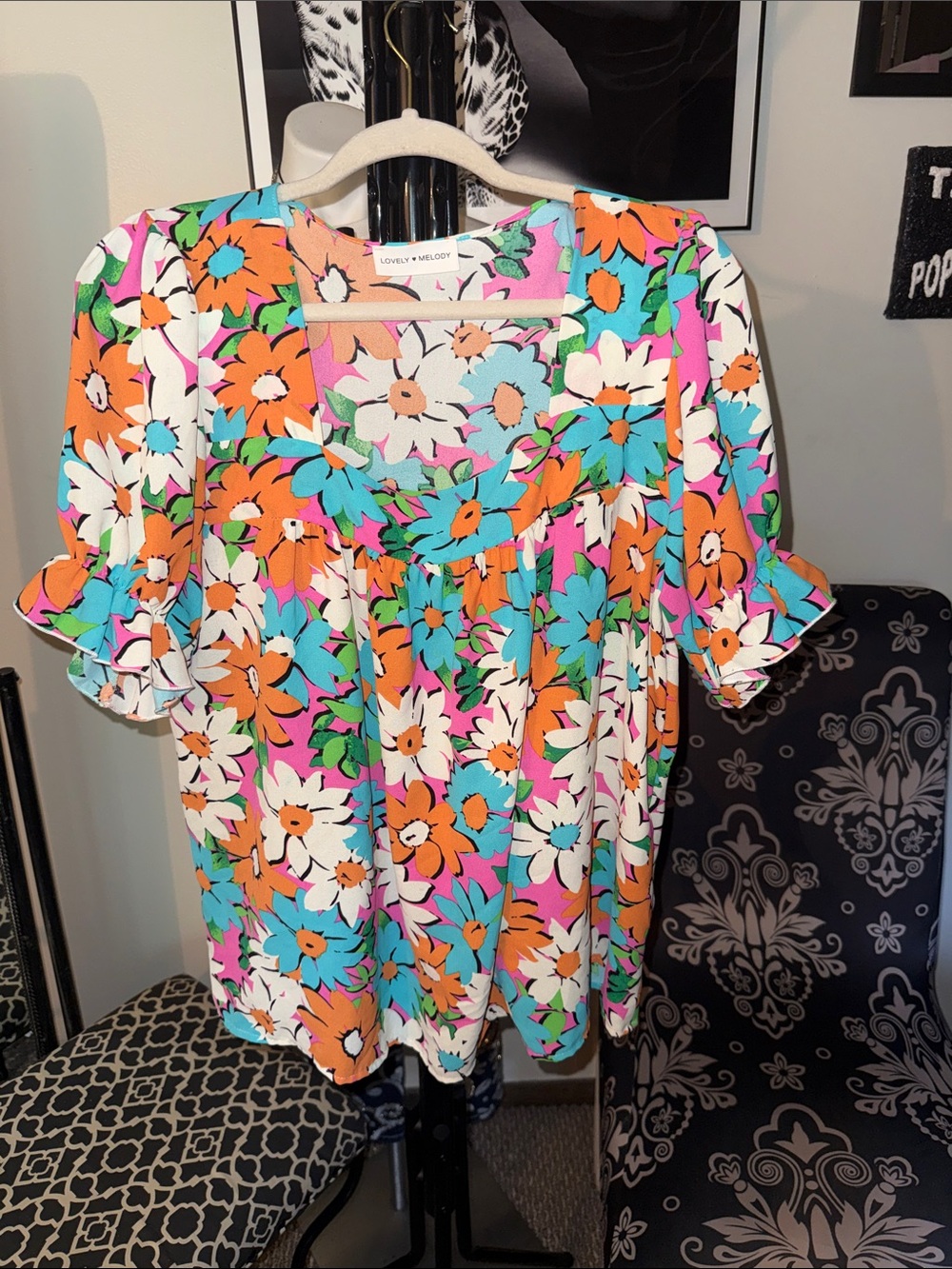 Multicolor Floral Short Sleeve Peasant Top